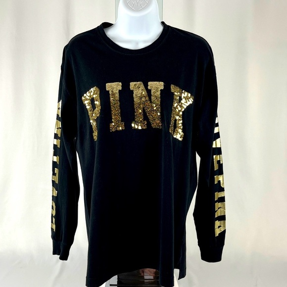 PINK Victoria's Secret VS Bling Sequin Off Black/Dark Gray LS T-Shirt Size S - Picture 12 of 13